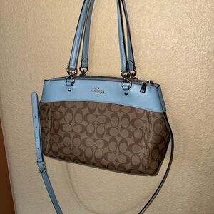 NWOT Coach Brown Signature Canvas Shoulder Bag with Light Blue Trim